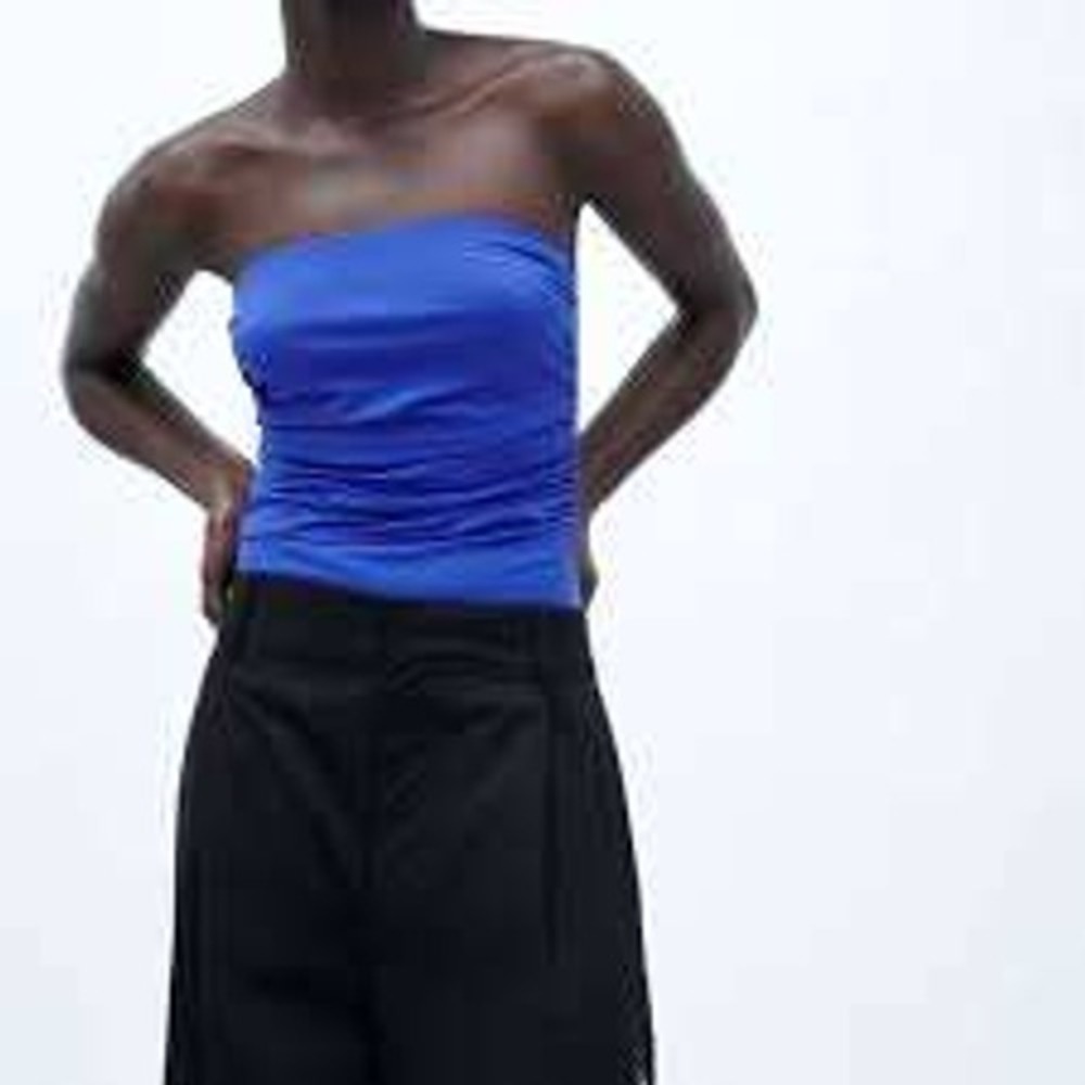 Zara Womens Tube Top Strapless Bodysuit Small Cobalt Blue Ruched‎ Euro Summer